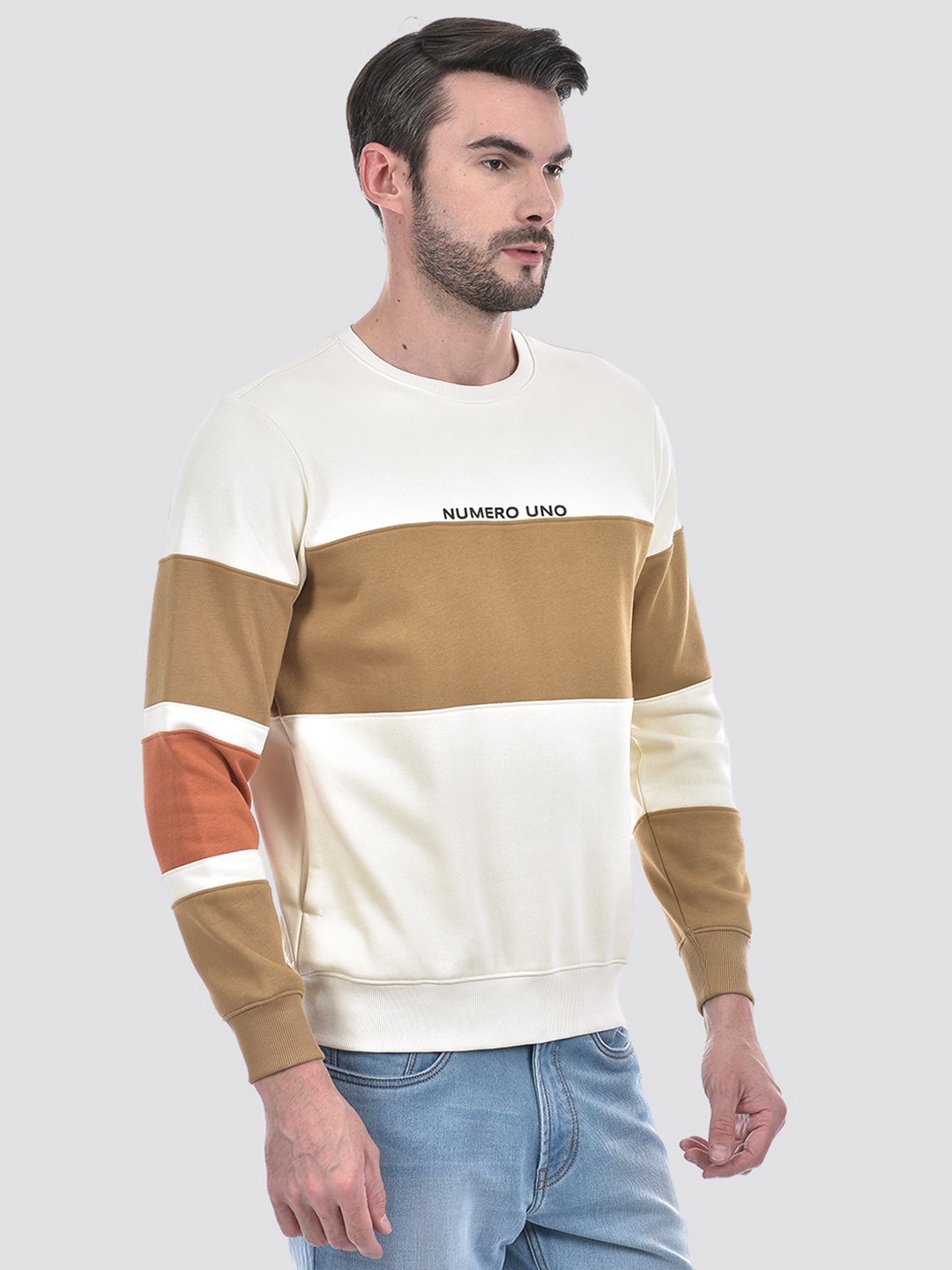 Numero Uno Men Cream Color Block Round Neck Brushed Fleece Sweatshirt
